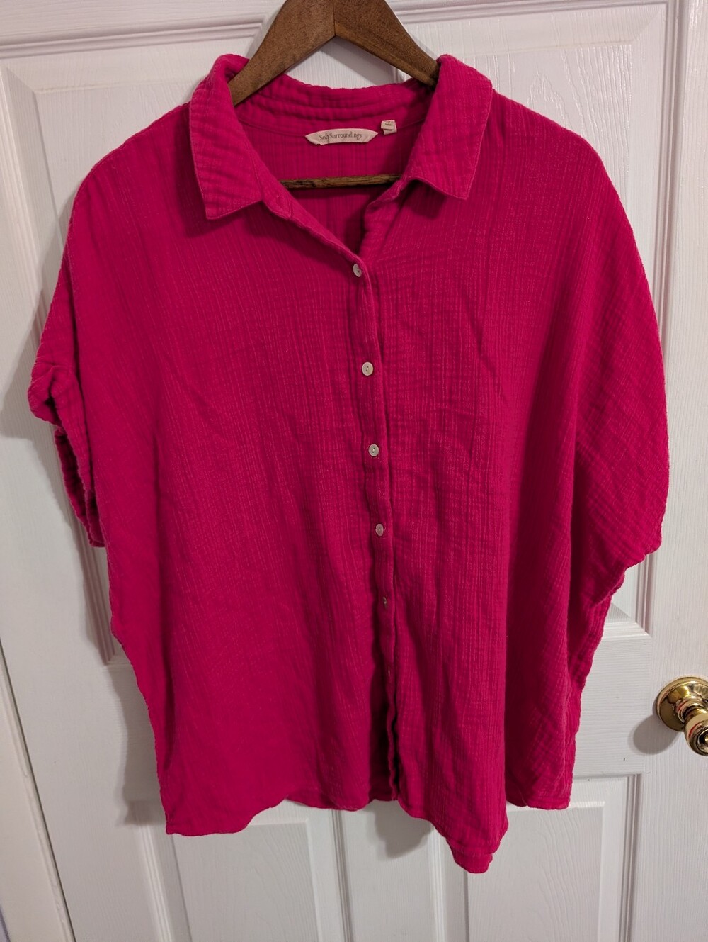 Soft Surroundings Womens Top Pink Gauze Pink Short Sleeve Button Plus Size 2X